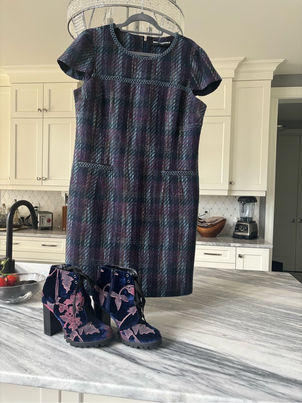 Karl Lagerfeld Navy, Purple and Teal Plaid Short-Sleeve Shift Dress